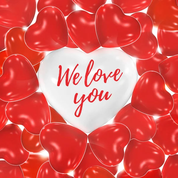 Red heart shaped balloons surrounding one white balloon