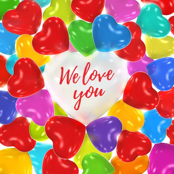 Multicolored heart shaped balloons surrounding one white balloon