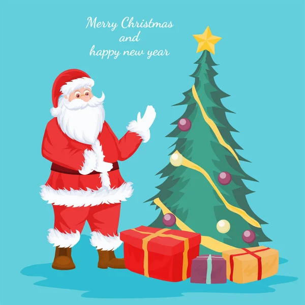 Biglietto Natale Babbo Natale Albero Natale Con Scatole Regalo Illustrazione — Vettoriale Stock