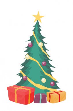 Noel neşeli Noel ağacı hediye kutuları ve süs eşyaları ile. Vektör çizim.