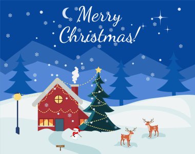 Kış Noel Noel mutlu yıllar çizgi film gece mavi yatay, kar, çam ormanı Merry Christmas kağıt sanat gece arka plan, vektör, illüstrasyon mutlu yeni yıl ve mutlu Noeller
