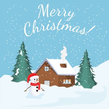 Kış manzarası ve kar, ağaç, ev ve bir kardan adam ile Noel kartı. Vektör çizim.