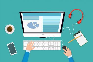 Office ile masa, bilgisayar, Pc, notebook işyerinde. Evrak işleri. Ofis işleri vektör.