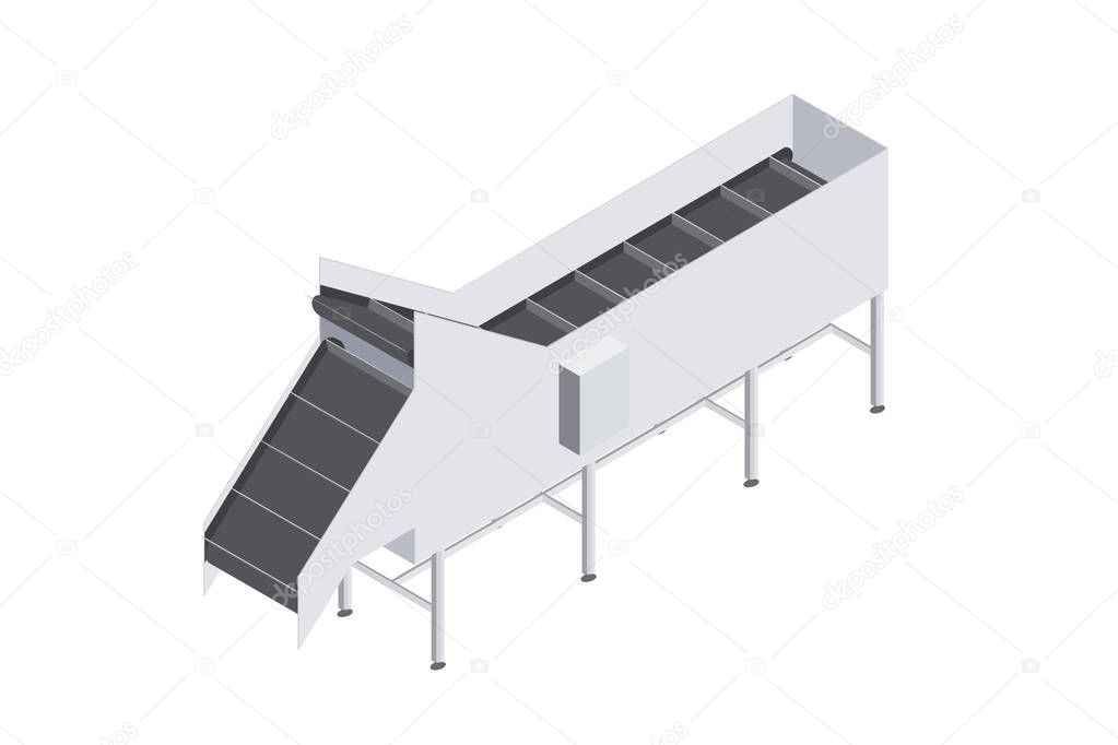 Factory automated with conveyor belt with volumetric capacity. Automated production line in the plant. Machinery for food engineering. Isometric vector flat 3d illustration