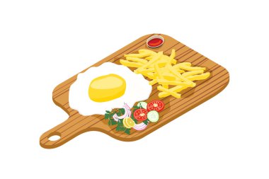 Patates kızartması ve soğan, salatalık, domates ve biber salatası ile lezzetli kızarmış yumurta. Vektör çizim