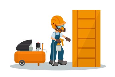 Male carpenter painting a wooden door with a paint gun and a compressor with industrial safety equipment. Vector illustration clipart