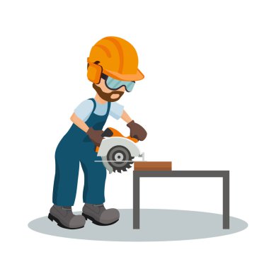 Erkek marangoz ahşap bir tahta endüstriyel güvenlik ekipmanları ile daire testere ile kesme. Endüstriyel tasarım gördüm. Vektör çizim