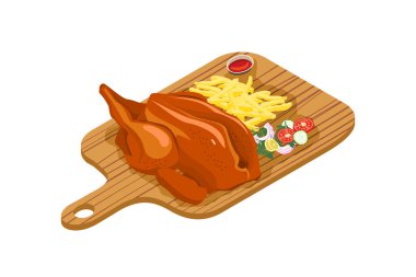 Patates kızartması ve soğan, salatalık, domates ve biber salatası ile lezzetli ızgara tavuk. Vektör çizim