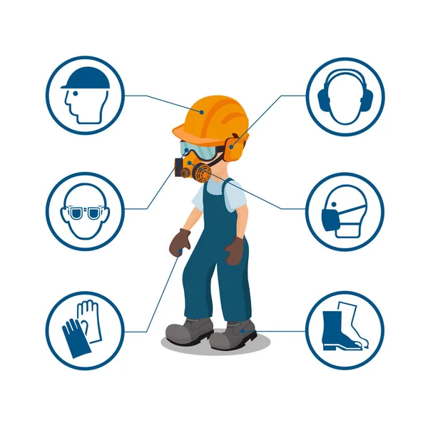 Worker His Personal Protective Equipment Security Icons Vector Ilustration — Stock Vector