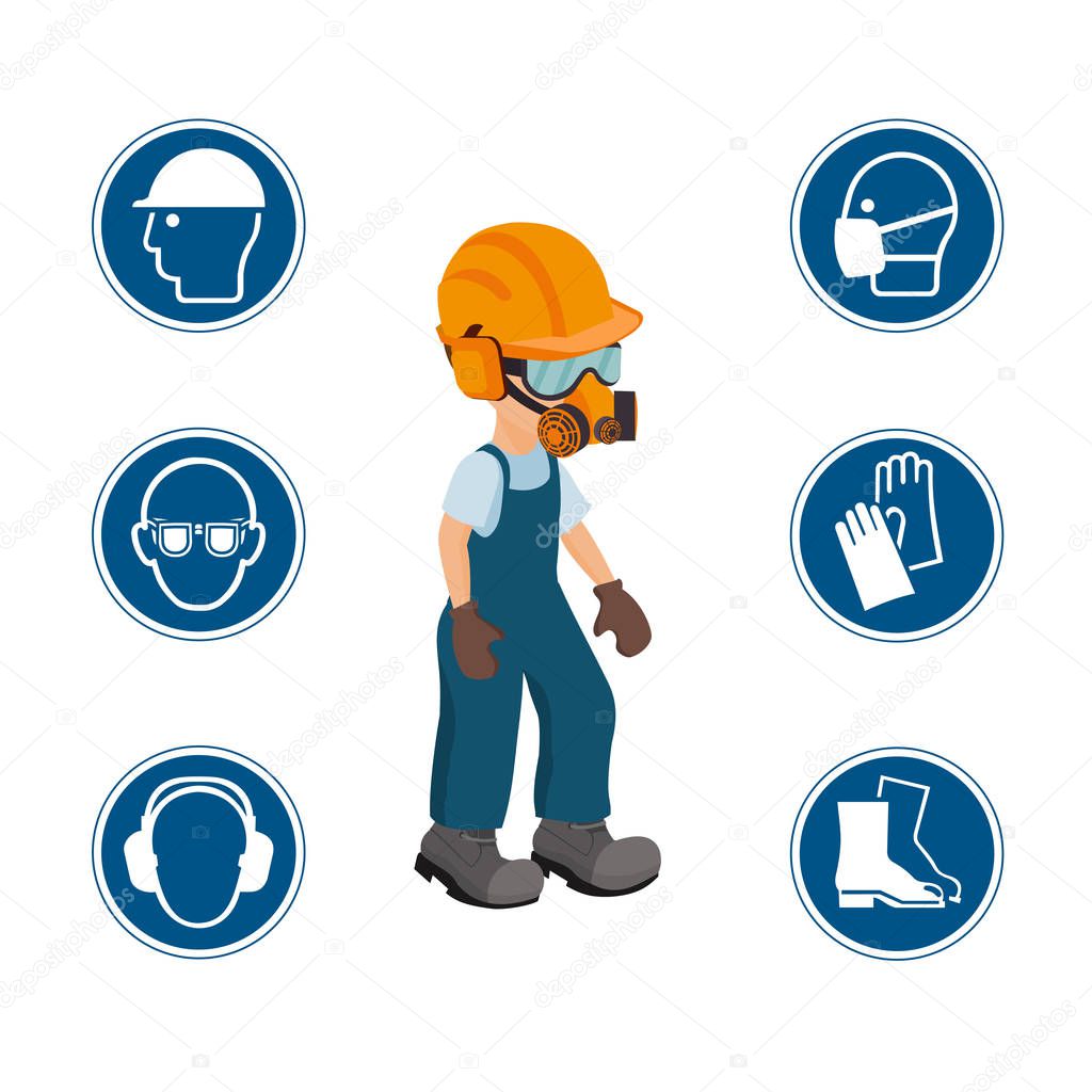 Worker with his personal protective equipment and security icons. vector ilustration.