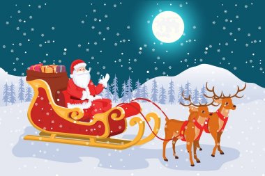 Noel Baba'dan atlı kızak ve Ren geyiği ile dolunay ile gece manzarası.
