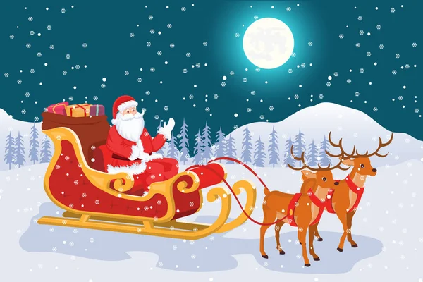Noel Baba'dan atlı kızak ve Ren geyiği ile dolunay ile gece manzarası.