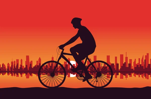 Закат Городе Человеком Рулем Велосипеда — стоковый вектор