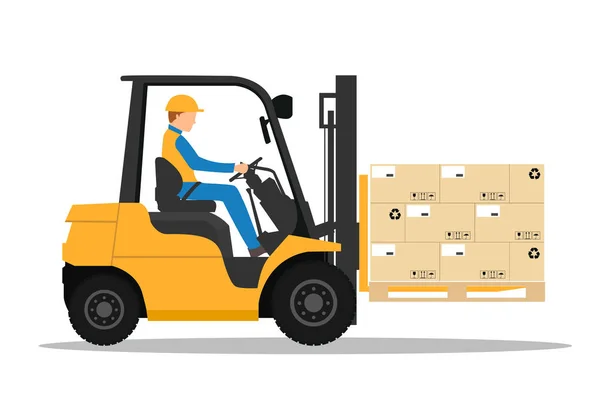 Forklift kamyon sürüş adamla. Endüstriyel forklift vektör tasarımı