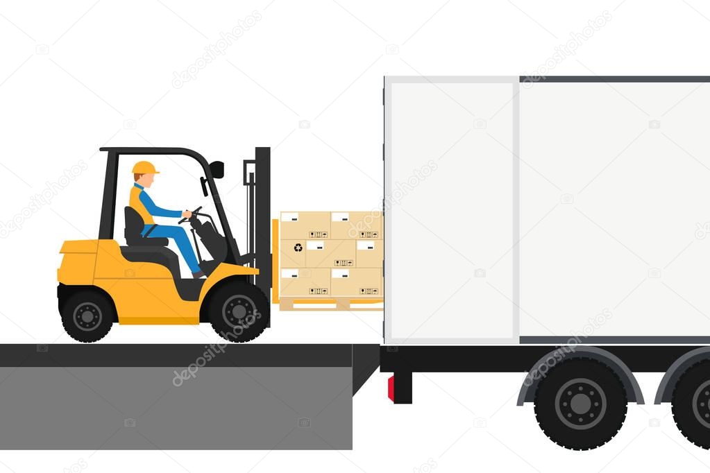 Forklift with man driving in container for export