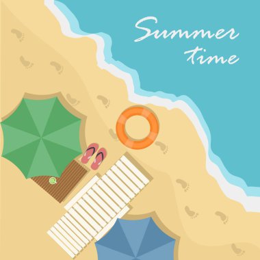 Şemsiye, sedye, sandalet, masa ve caipirinha Beach Üstten Görünüm