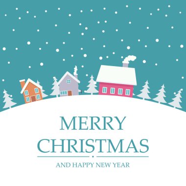 Kışın karlı evlerin olduğu bir Noel kartı.