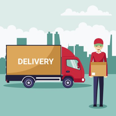 Delivery transport truck with delivery man