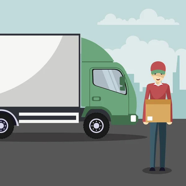 Camión Transporte Entrega Con Delivery Man — Vector de stock