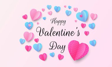 Arka planda kalp şeklinde kağıt elementler uçuşuyor. Valentine.