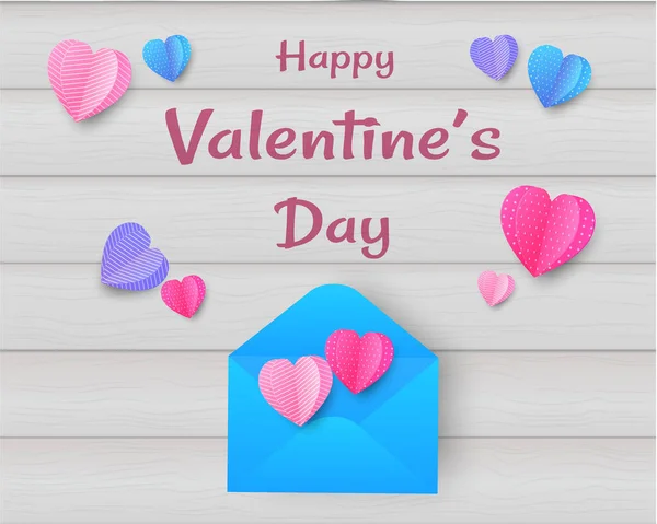 Corações de papel em madeira, Dia dos Namorados, design de cartão de saudação. V —  Vetores de Stock