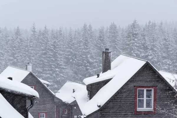 Techo cubierto de nieve de una casa de madera en las montañas de Harz, Alemania — Foto de Stock