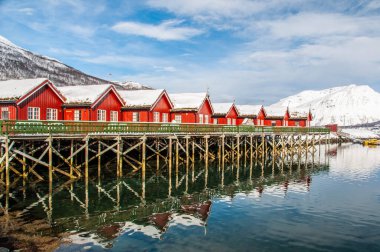 Norveç 'te mavi gökyüzü ve fiyortlu kırmızı balıkçı kulübeleri.