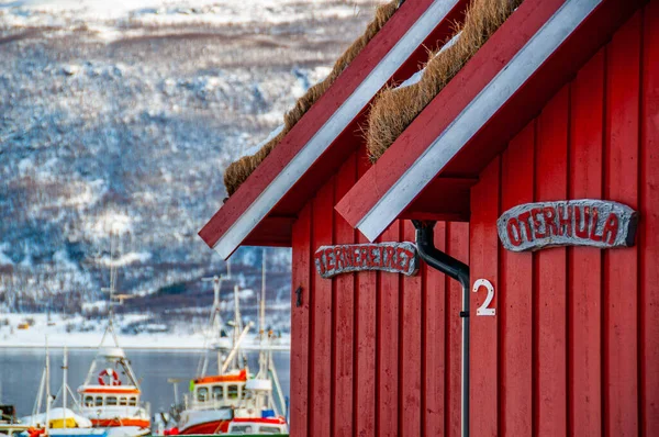 Červená Rybářská Bouda Podrobnosti Norsku — Stock fotografie