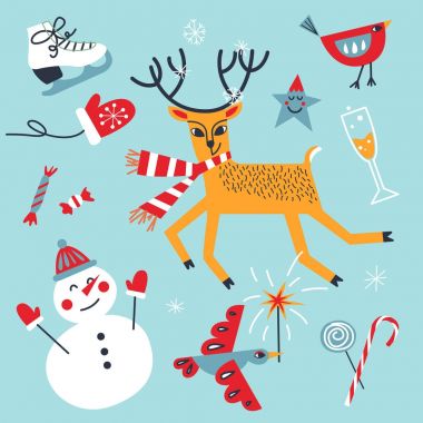 Vintage eğlenceli kümesi kış, Noel ve yeni yıl elemanları. Vektör çizim.