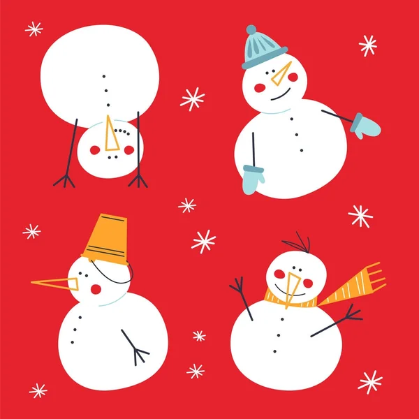 Set Cute Snowmen Winter Characters — Stock Vector