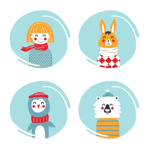 Conjunto Personajes Invierno Incluye Una Chica Conejo Pingüino Oso Bueno — Vector de stock