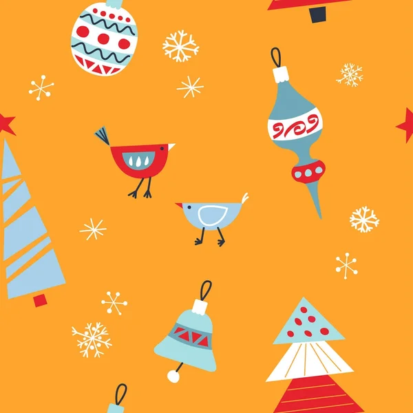 Kış şirin seamless modeli içerir Noel ağacı, Noel ağacı oyuncaklar kar taneleri, kuşlar. Yeni yıl ve Noel tasarım.