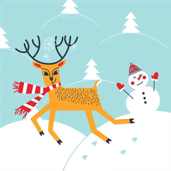 Cute Winter Landscape Deer Snowman — Stock Vector