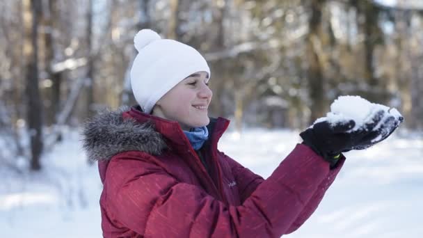 年轻的女孩，在冬季公园 — 图库视频影像