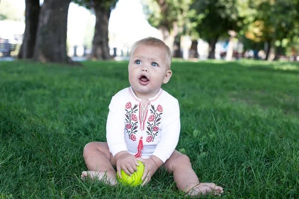 Baby jedenáct měsíců měsíců sedí v trávě — Stock fotografie