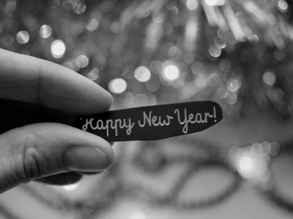 Ευτυχισμένο Νέο Έτος Κείμενο Στο Χέρι Και Χριστούγεννα Μαύρο Και — Φωτογραφία Αρχείου