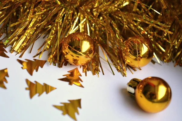 Christmas New Year Decor Balls Winter Holiday Gold Tinsel White Stock Photo