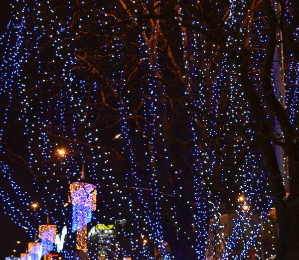 Navidad Año Nuevo Decoraciones Noche Calle Vista Invierno Vacaciones — Foto de Stock