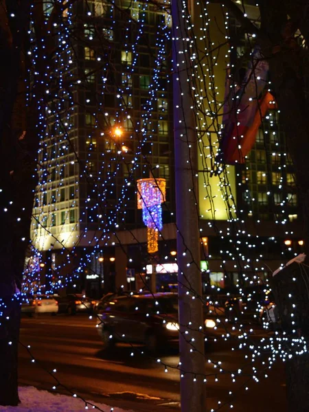 Weihnachten Und Neujahr Dekorationen Nacht Street View Winter Urlaub — Stockfoto