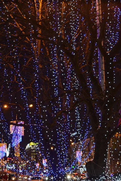 Navidad Año Nuevo Decoraciones Noche Calle Vista Invierno Vacaciones — Foto de Stock