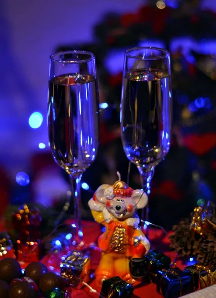 New Year Christmas Holiday Champagne Glasses Burning Candle Rat — 스톡 사진