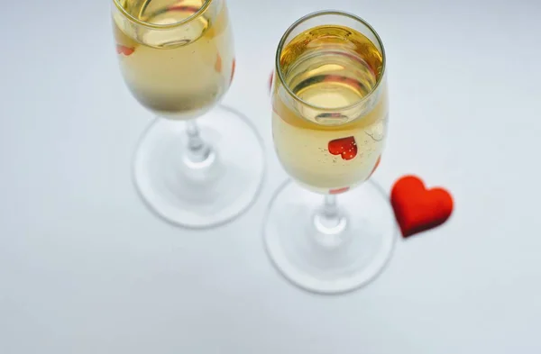 Champagne Glasses Red Hearts White Background — Stock Photo, Image