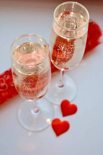 Champagne Glasses Two Red Hearts White Background — Stock Photo, Image