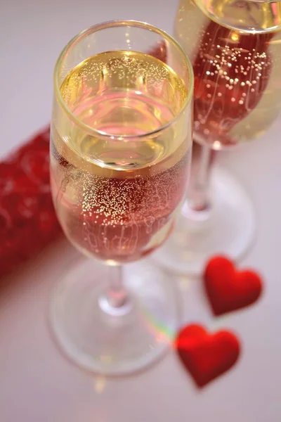 Champagne Glasses Two Red Hearts White Background — Stock Photo, Image