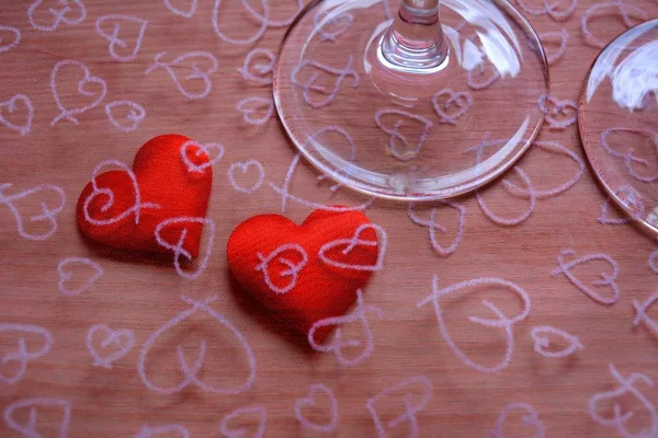 Two Red Hearts Valentine Day Glasses Hearts Background — Stockfoto