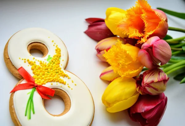 Maart Peperkoek Kleurrijke Tulpen Bloemen Een Witte Achtergrond — Stockfoto