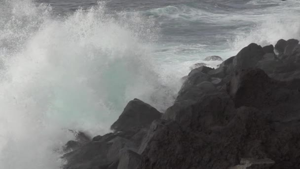 Vulkanische kustlijn en de golven breken, super slow motion — Stockvideo