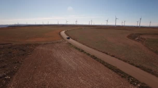 Following a black car in windmill farm, back light — Stock Video