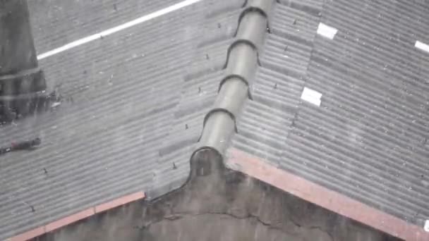Granizo sobre el techo de asbesto en cámara súper lenta — Vídeo de stock