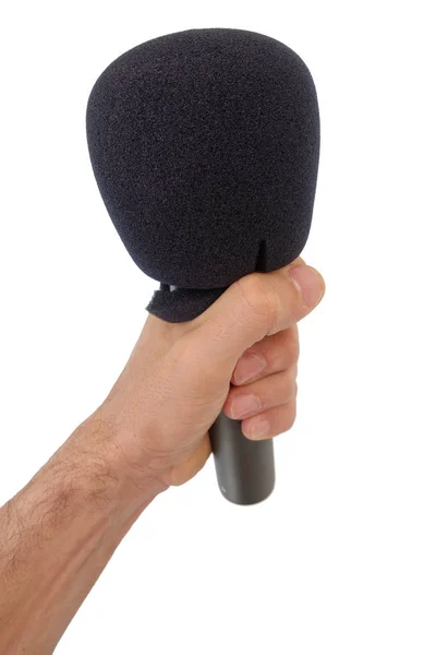 Left hand with microphone isolated on white background — Stock Photo, Image